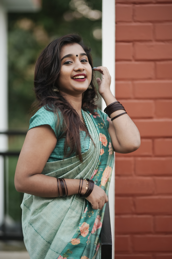 Ocean Blue Printed Silk Saree