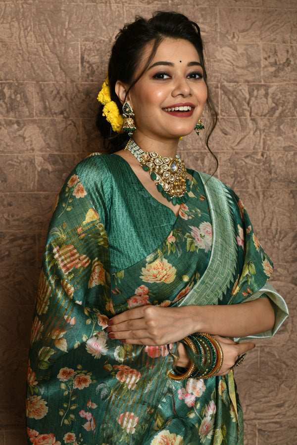 Jungle Green Printed Silk Saree