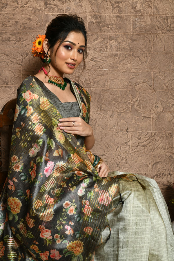 Tempered Grey Printed Silk Saree