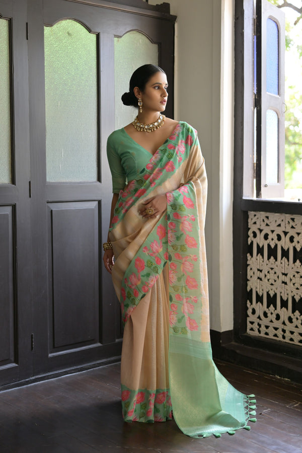 Light Mint Green Blue Banarasi Silk Printed saree