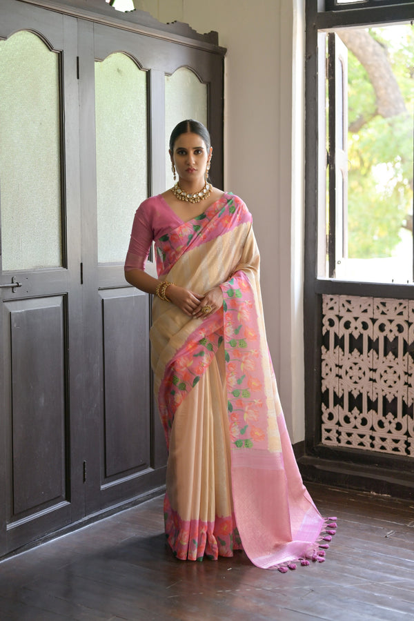 Rose Pink Banarasi Silk Printed saree