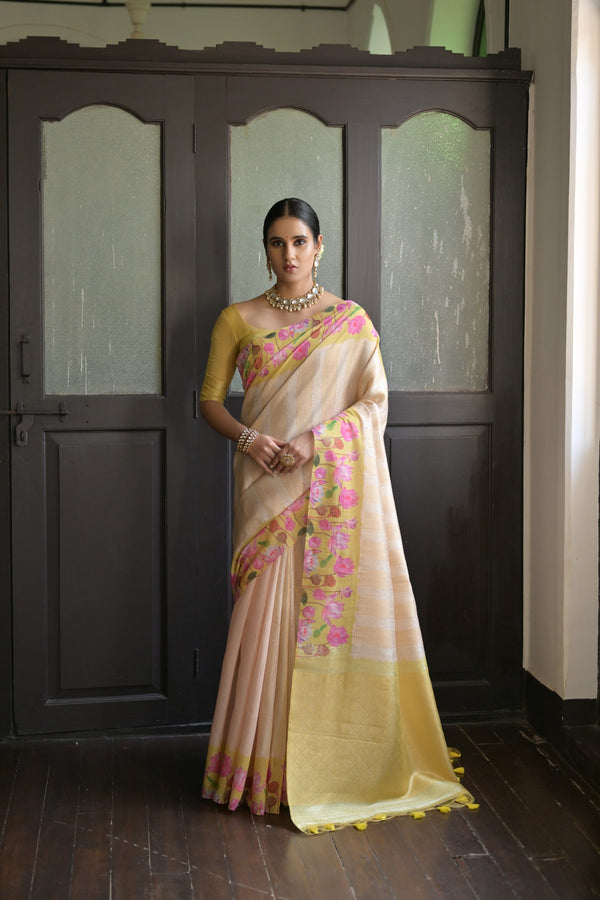 Canary Yellow Banarasi Silk Printed saree