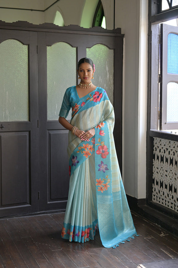 Crispy Blue Banarasi Silk Printed saree