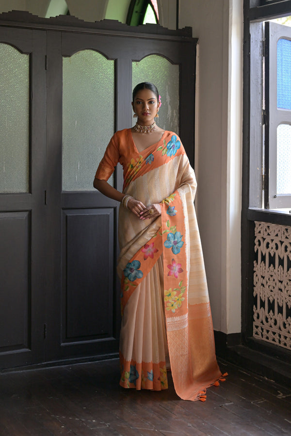 Yam Orange Banarasi Silk Printed saree