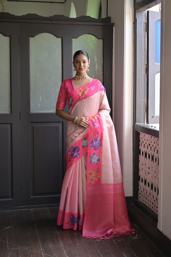 Neon Pink Banarasi Silk Printed saree