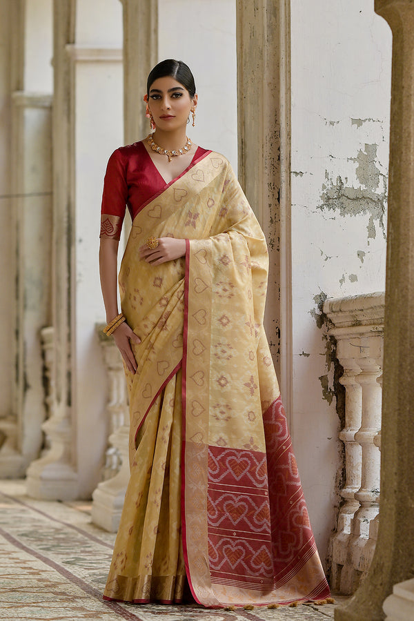 Light Cream Ethnic Motifs Woven Design Zari Ikkat Silk Sarees