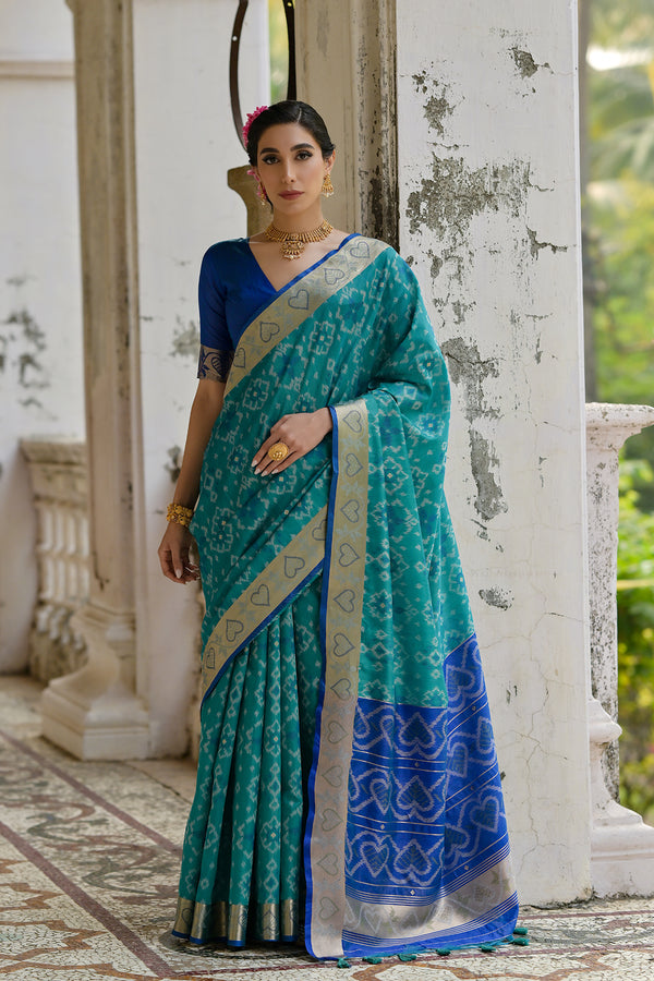 Teal Firozi Ethnic Motifs Woven Design Zari Ikkat Silk Sarees