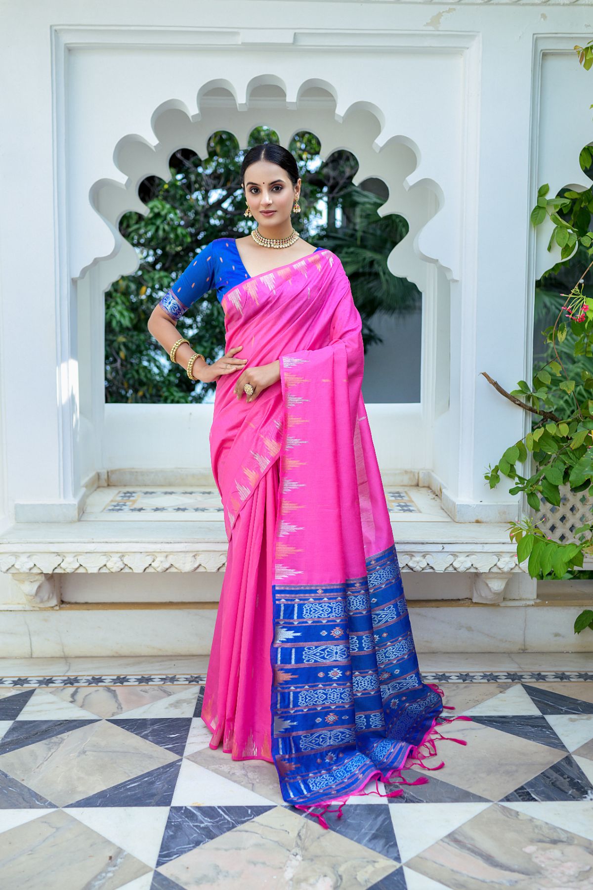 Hot Pink & Cream White Hand Block Bishnupuri Pure Silk Saree – Craftyle