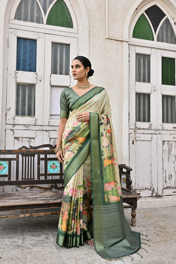 Sage Green Tussar Printed Soft Silk saree