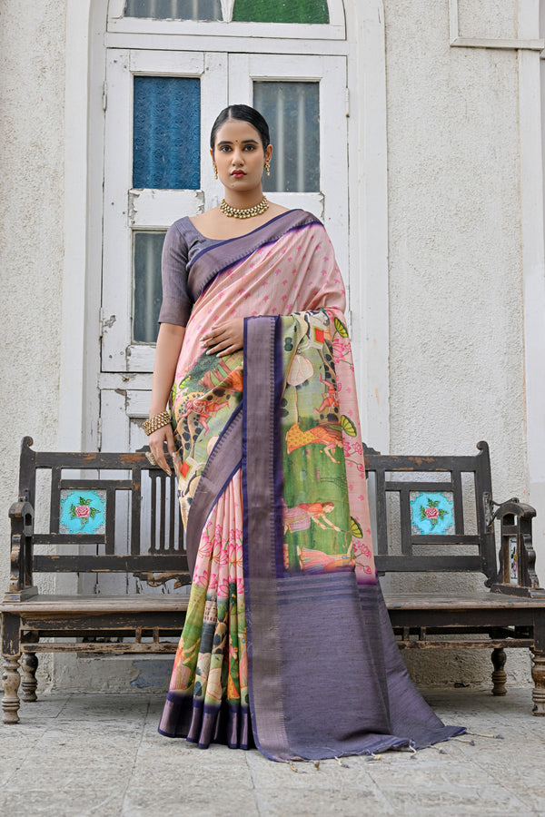 Haze Purple Tussar Printed Soft Silk saree