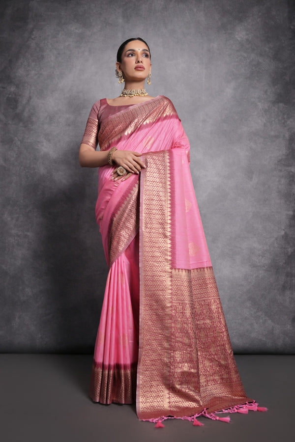 Alluring Flamingo Pink Tussar Silk Saree