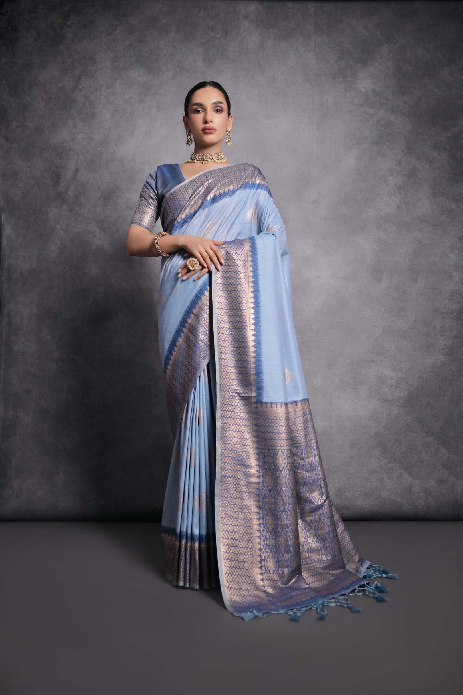 Aegean Blue Tussar Silk Saree - Rent