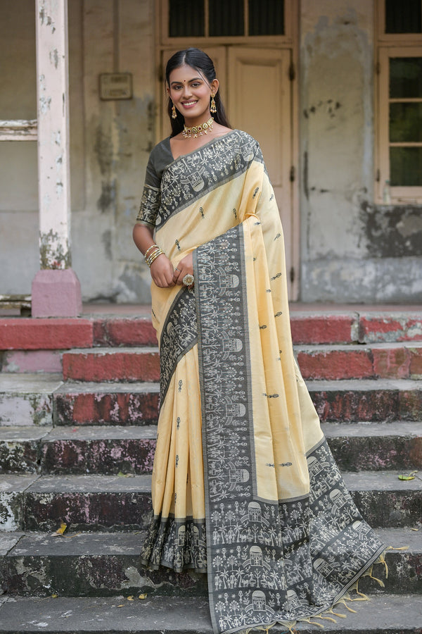 Classical Tuscan White With Black Woven Border Handloom Raw Silk Saree