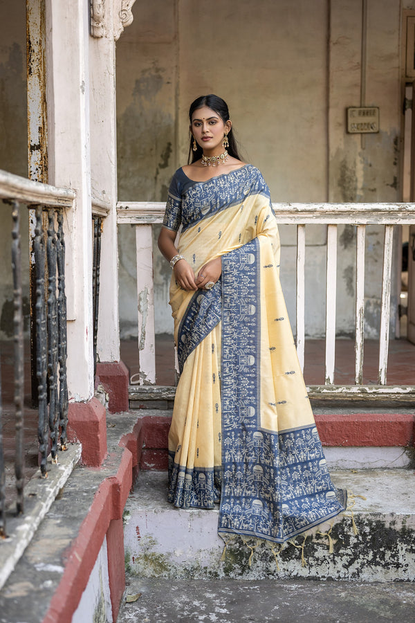 Classical Shortbread White With Blue Woven Border Handloom Raw Silk Saree