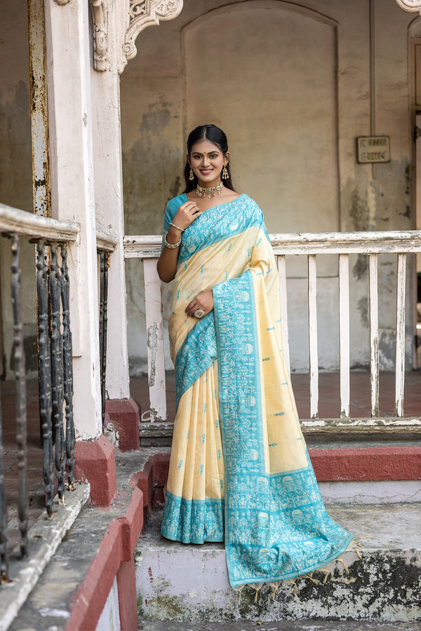 Classical Buttermilk White With Firozi Woven Border Handloom Raw Silk Saree