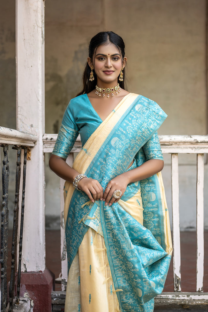 Classical Buttermilk White With Firozi Woven Border Handloom Raw Silk ...