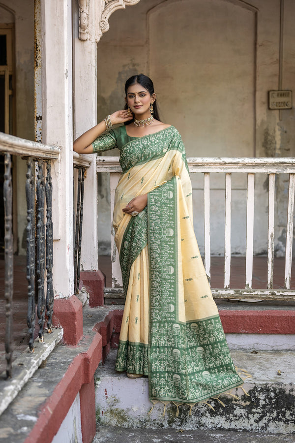 Classical Cornsilk White with Green Woven Border Handloom Raw Silk Saree