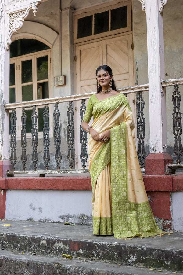 Classical Parmesean White With Mahendi Woven Border Handloom Raw Silk Saree