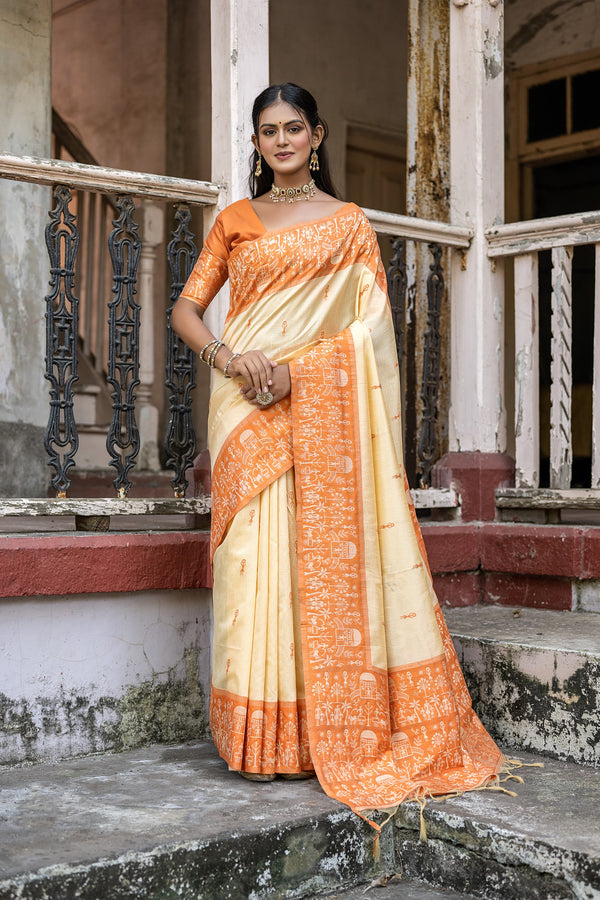 Classical Buttermilk White With Orange Woven Border Handloom Raw Silk Saree