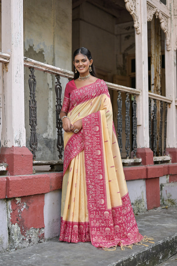 Classical Eggnog White With Pink Woven Border Handloom Raw Silk Saree