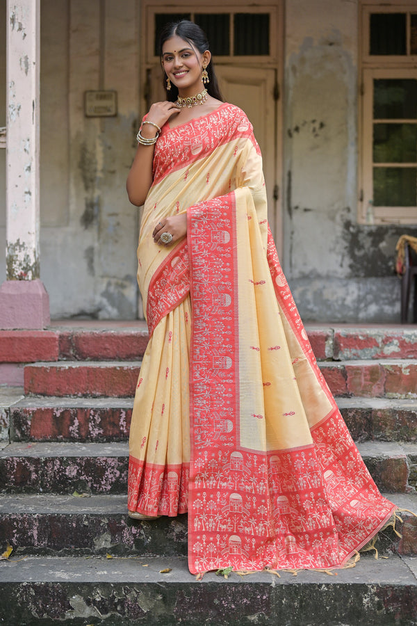 Classical Tuscan White with Red Woven Border Handloom Raw Silk Saree