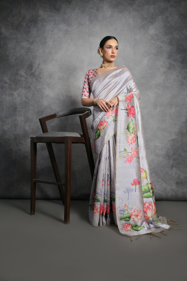 Stunning Gracier Grey Floral Print Tussar Silk Saree