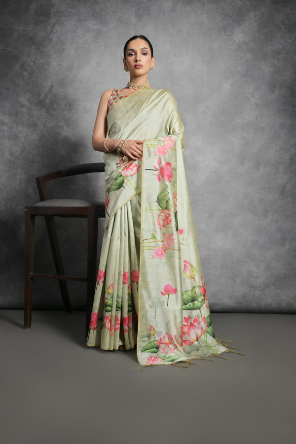 Stunning Gin Green Floral Print Tussar Silk Saree