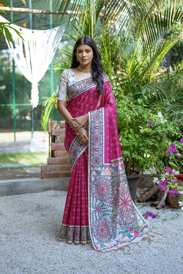 Ritualistic Dark Pink Madhubani Print Soft Tussar Silk Saree