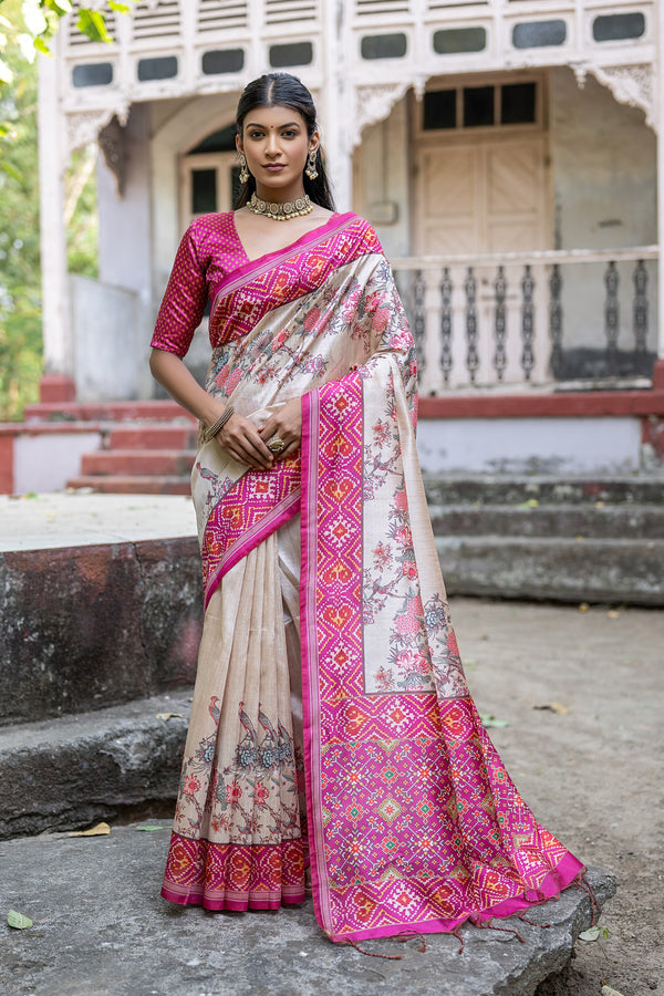 Authentic Magenta Pink Tussar Silk Saree