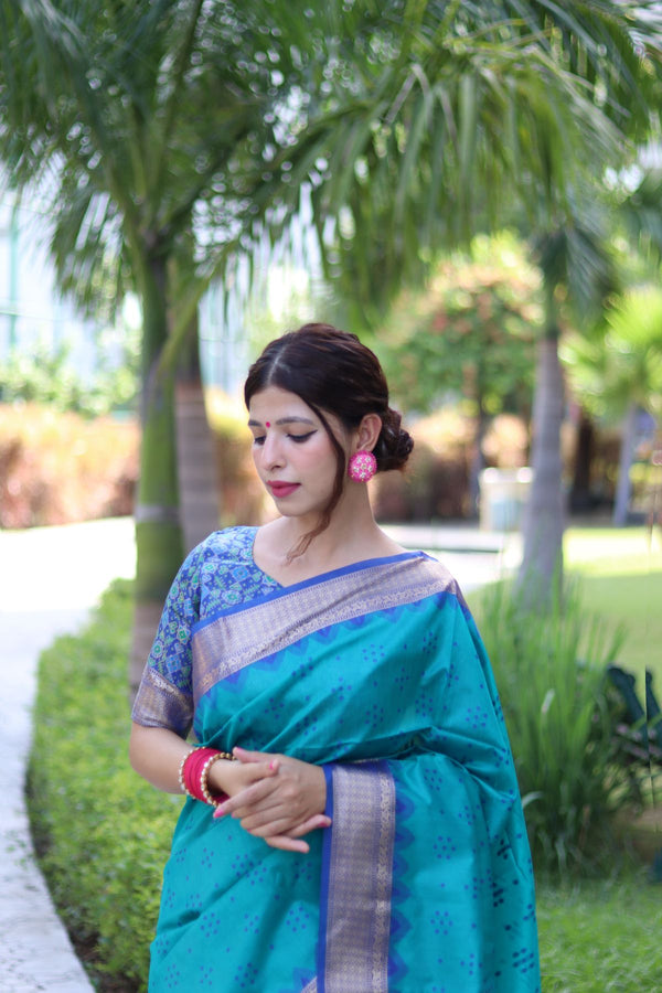 Pacific Blue Soft Raw Silk Saree