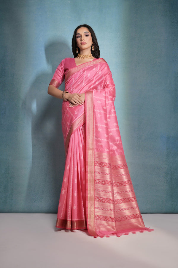 Beautiful Dark Pink Ikkat Woven Raw Silk Saree