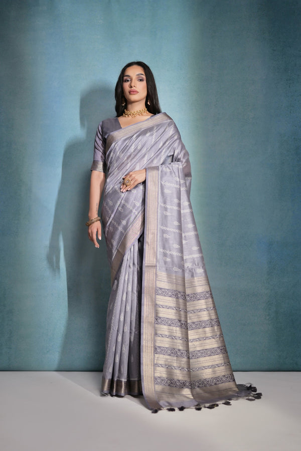 Beautiful Light Blue Grey Ikkat Woven Raw Silk Saree