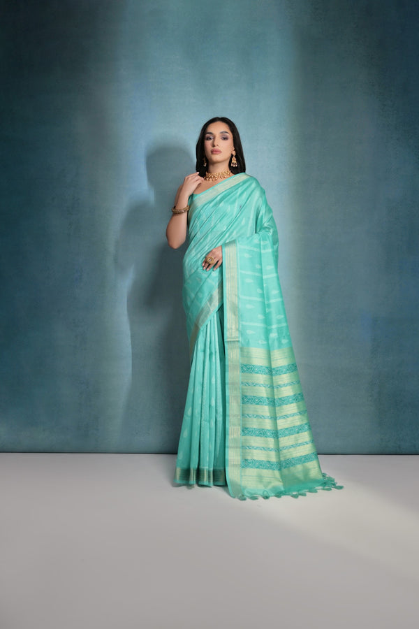 Beautiful Turquoise Ikkat Woven Raw Silk Saree