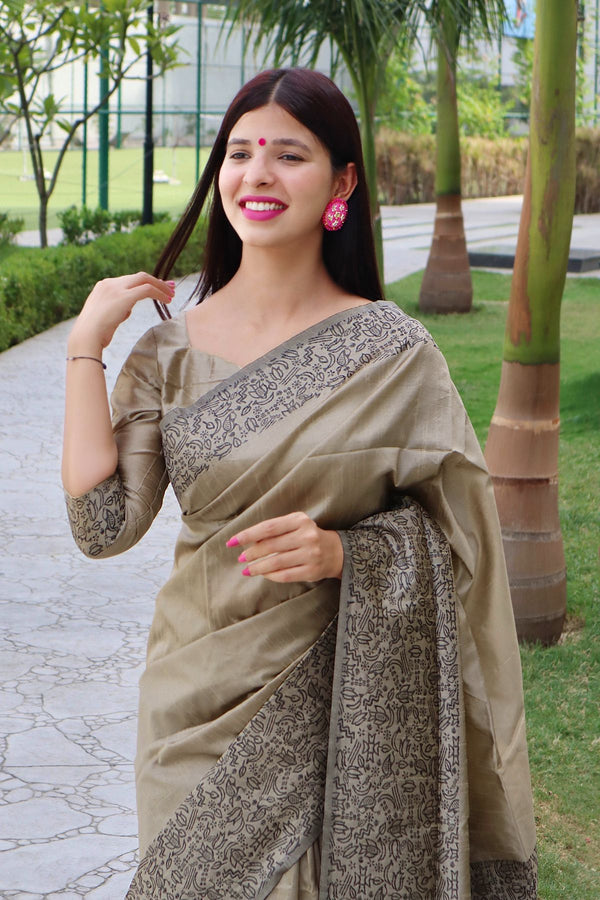 Sapota Cream Handloom Raw Silk Woven Saree