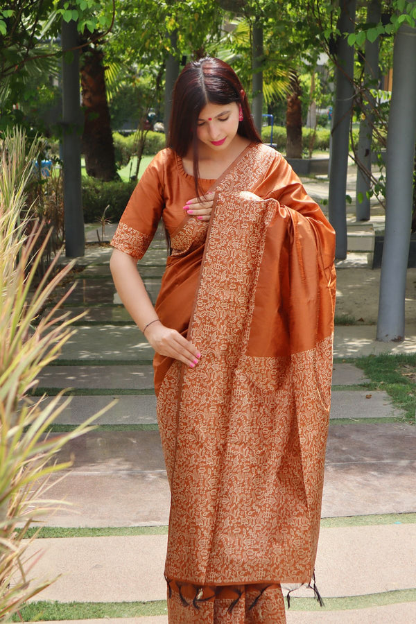 Marmalade Orange Handloom Raw Silk Woven Saree