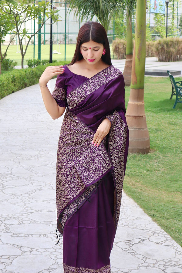 Wine Purple Handloom Raw Silk Woven Saree