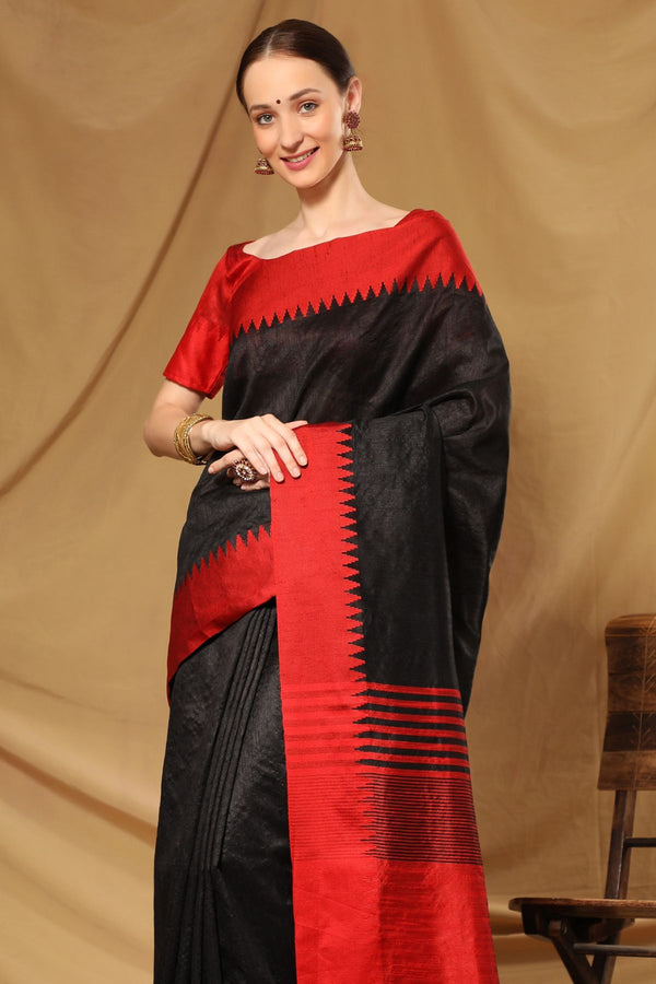 Black Red Bhagalpuri Raw Silk Saree