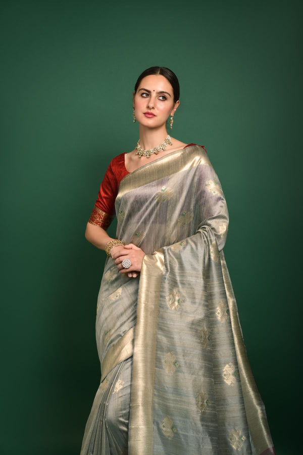 Buff Cream Tussar Silk Saree