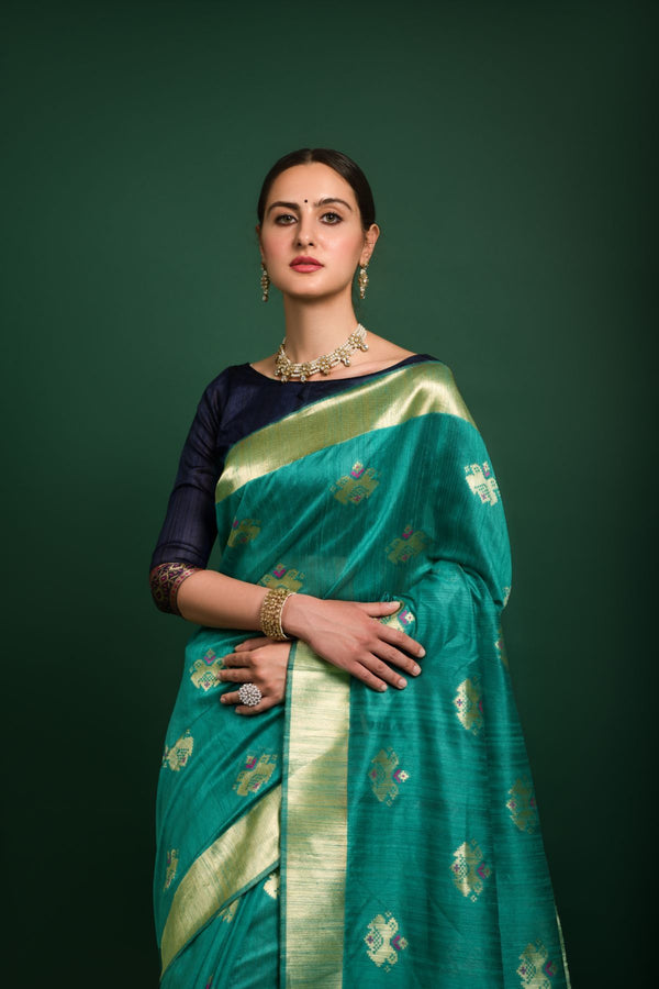 Pine Green Tussar Silk Saree