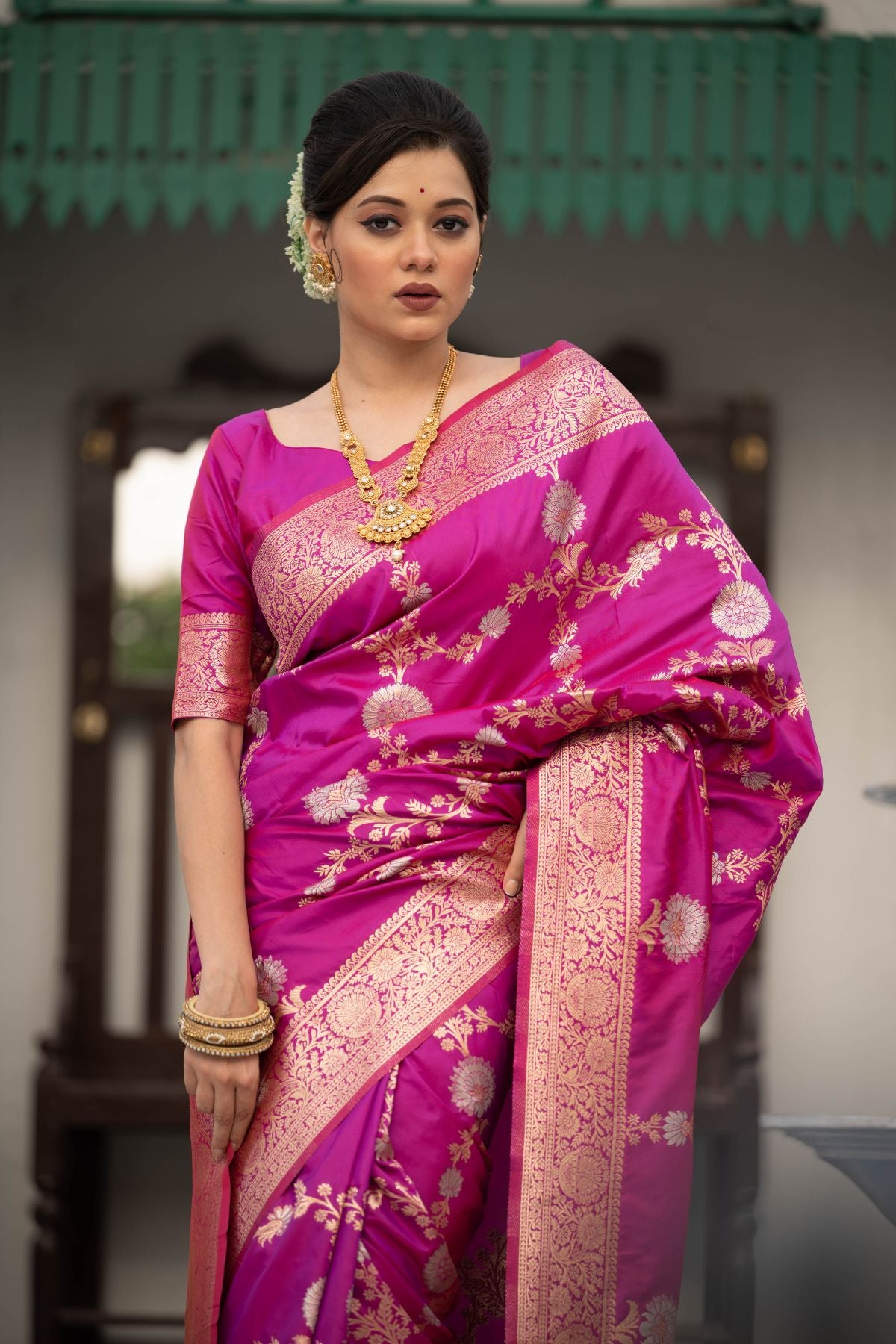 Vishal Prints Dark Magenta Chiffon Saree With Foil Print And Border