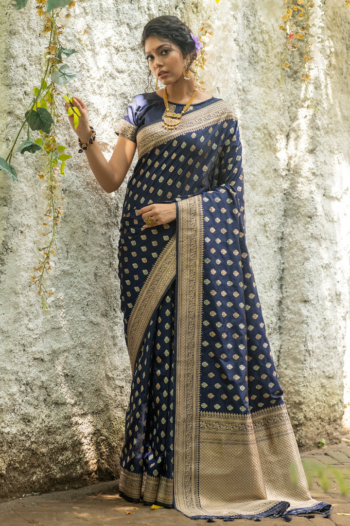 Soft Banarasi Silk Saree with Pure Zari woven all over and Exclusive Zari woven Pallu and Running Blouse Piece - VishnuWeaves 