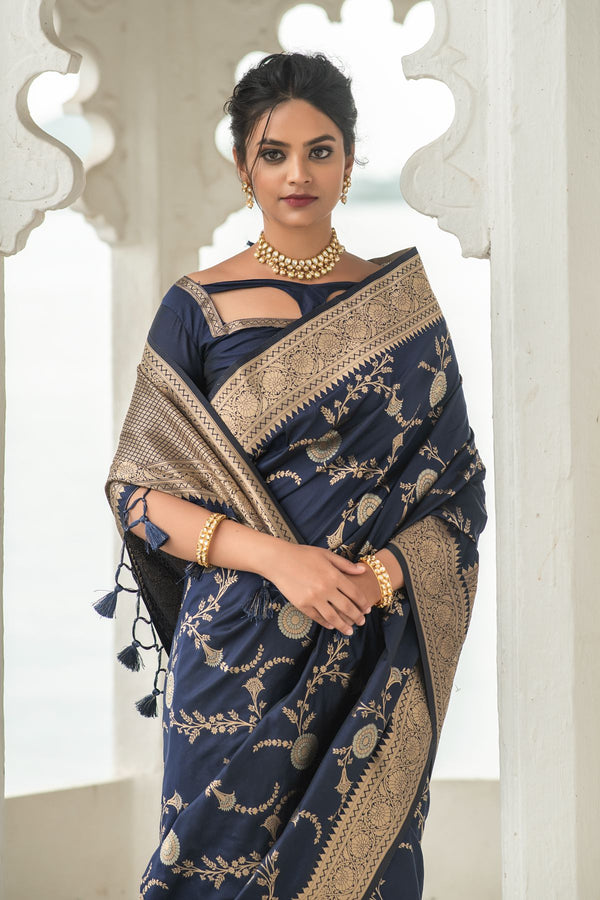 Prussian Blue Soft Banarasi Silk Saree