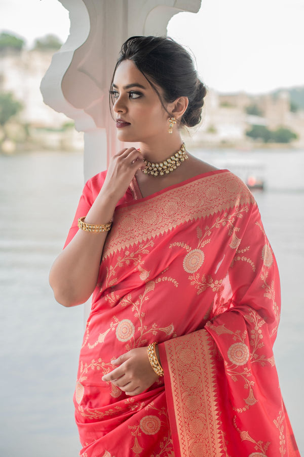 Crimson Pink Soft Banarasi Silk Saree