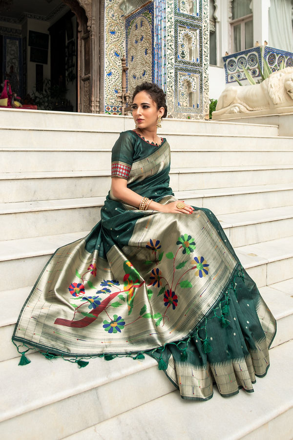 Cardin Green Tussar Silk Paithani Saree