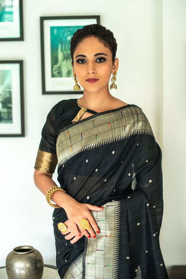 Ebony Black Tussar Silk Paithani Saree