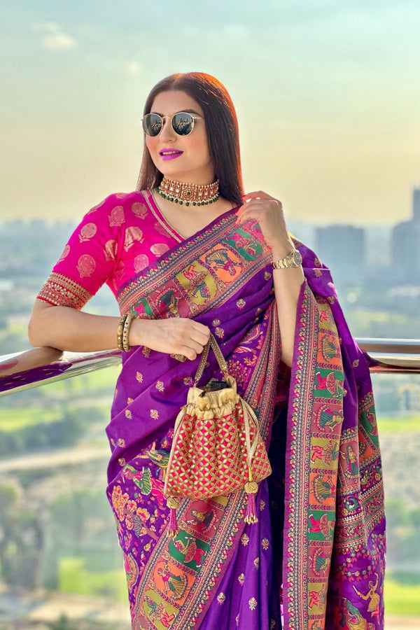 Thistle Purple Kashmiri Woven Banarasi Silk Saree