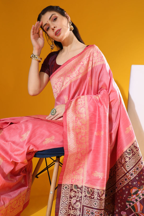 Brink Pink Handloom Raw Silk Woven Saree