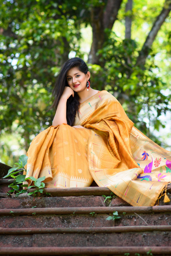 Gold Yellow Tussar Silk Paithani Saree