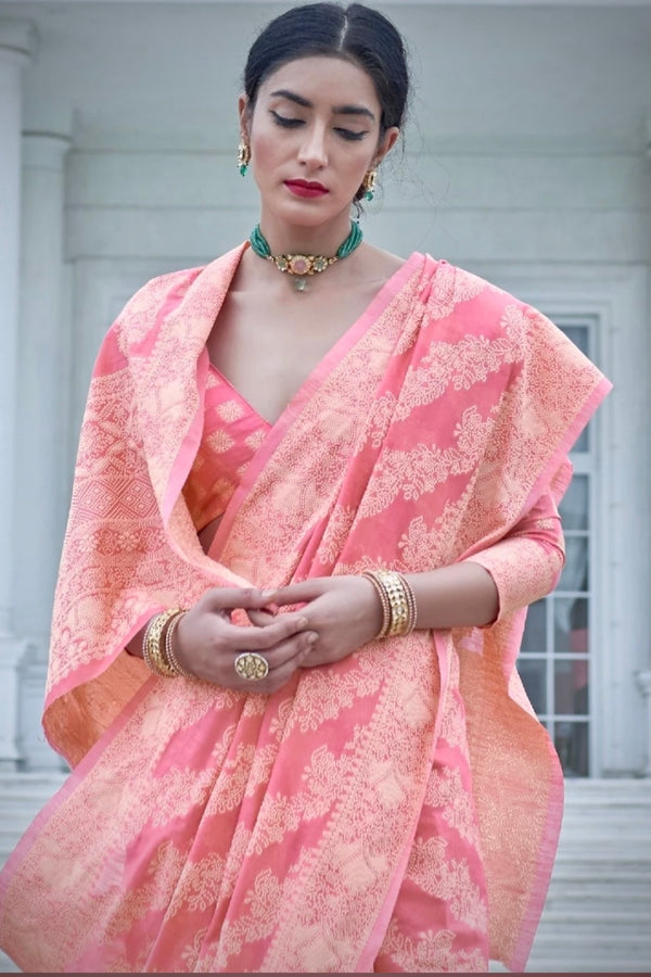 Flamingo Pink Lucknowi Cotton Chikankari Weaving Saree