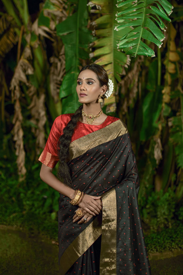 Charcoal Black Handloom Raw Silk Saree